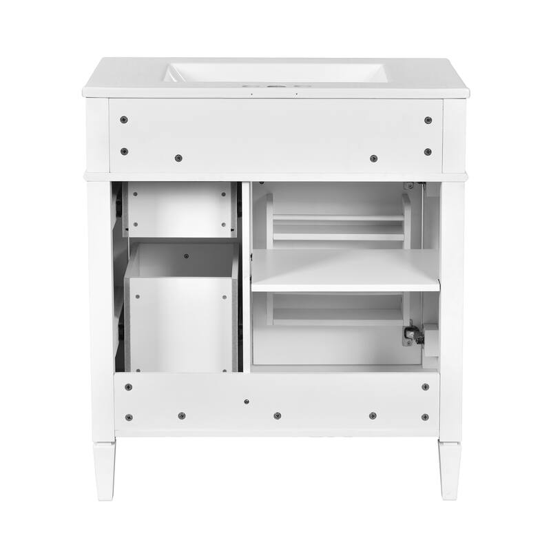 Single Sink Vanity for Bathroom Storage Cabinet with Tip-out Drawer, Small Drawer, Large Drawer, Door Rack and Adjustable Shelf
