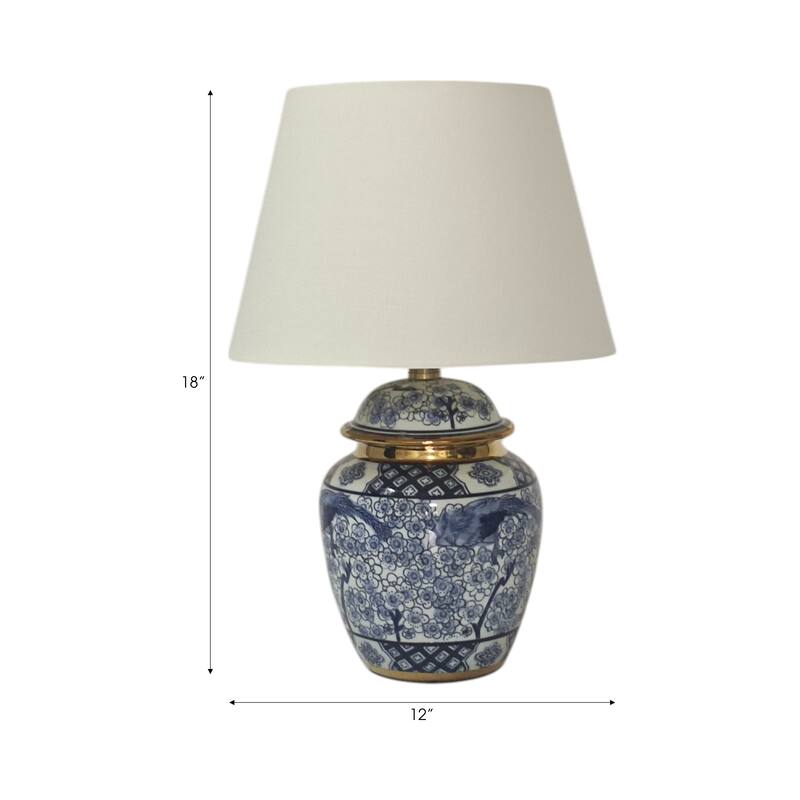 Ceramic Table Lamp Drum Shade Chinoiserie - 18" White/Blue - 12" x 12" x 18"