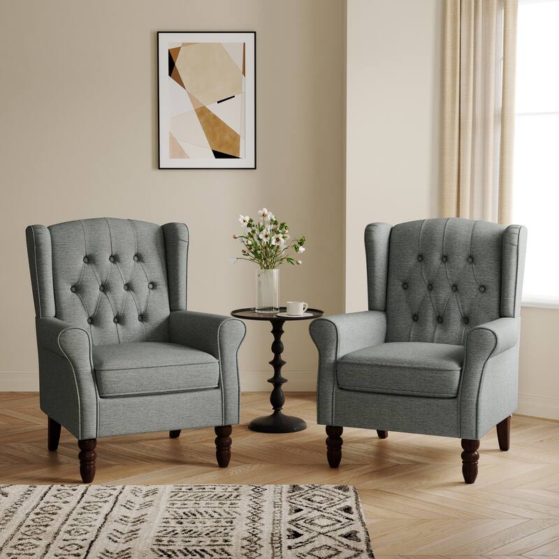 Button-Tufted Accent Club Chair Wingback Armchair Set of 2 - Gray