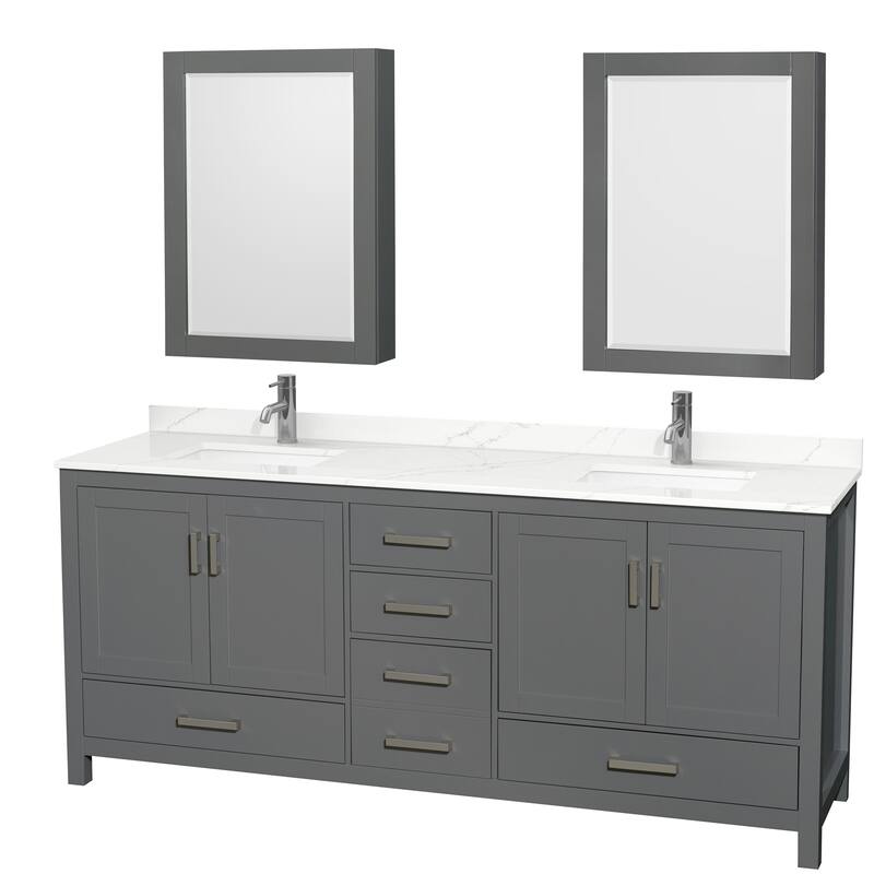 Sheffield 80-inch Double Vanity, Single Hole Quartz Top, Med Cabinets
