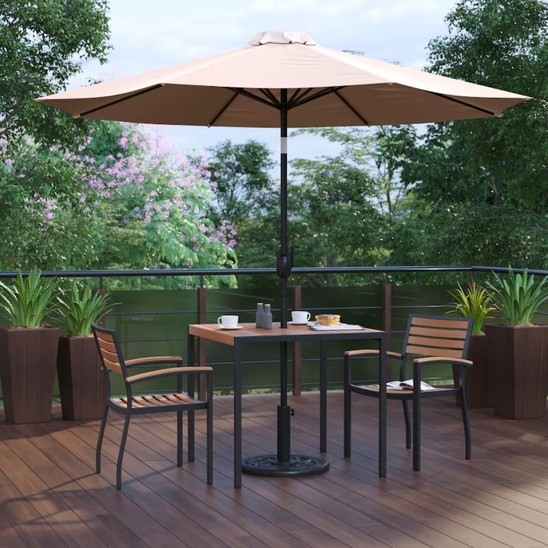Patio Set wirh 35" Table, 2 Chairs, and Umbrella with Base - 35.25"W x 35.25"D x 29.5"H - Tan