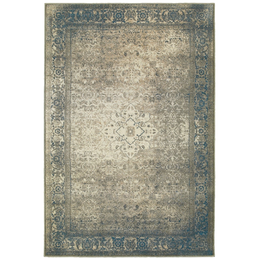 Omaha Blue Beige Oriental Distressed Traditional Casual Area Rug