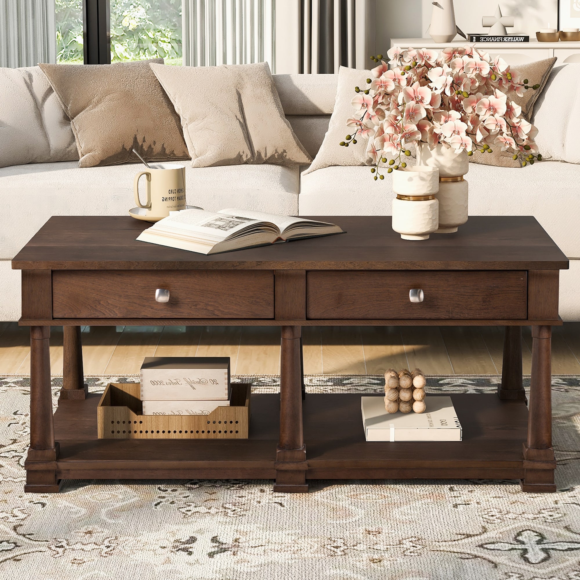 Farmhouse Wooden Coffee Table with 2 Storage Drawers & Lower Open Shelf, Rectangular Cocktail Table with Solid Wood Legs