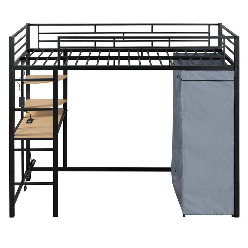 Space-Saving Loft Bed with Desk, Wardrobe, Power Outlet, and LED Light, Black