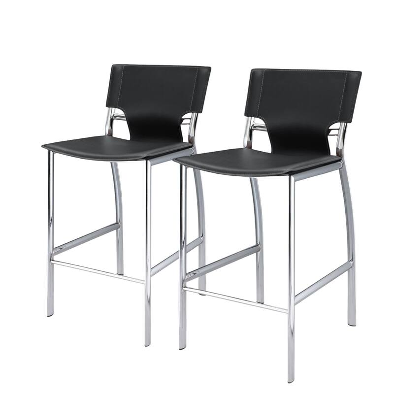 HomeRoots Set of Two 25" Gray and Silver Faux Leather and Metal Low Back Counter Height Bar Chairs
