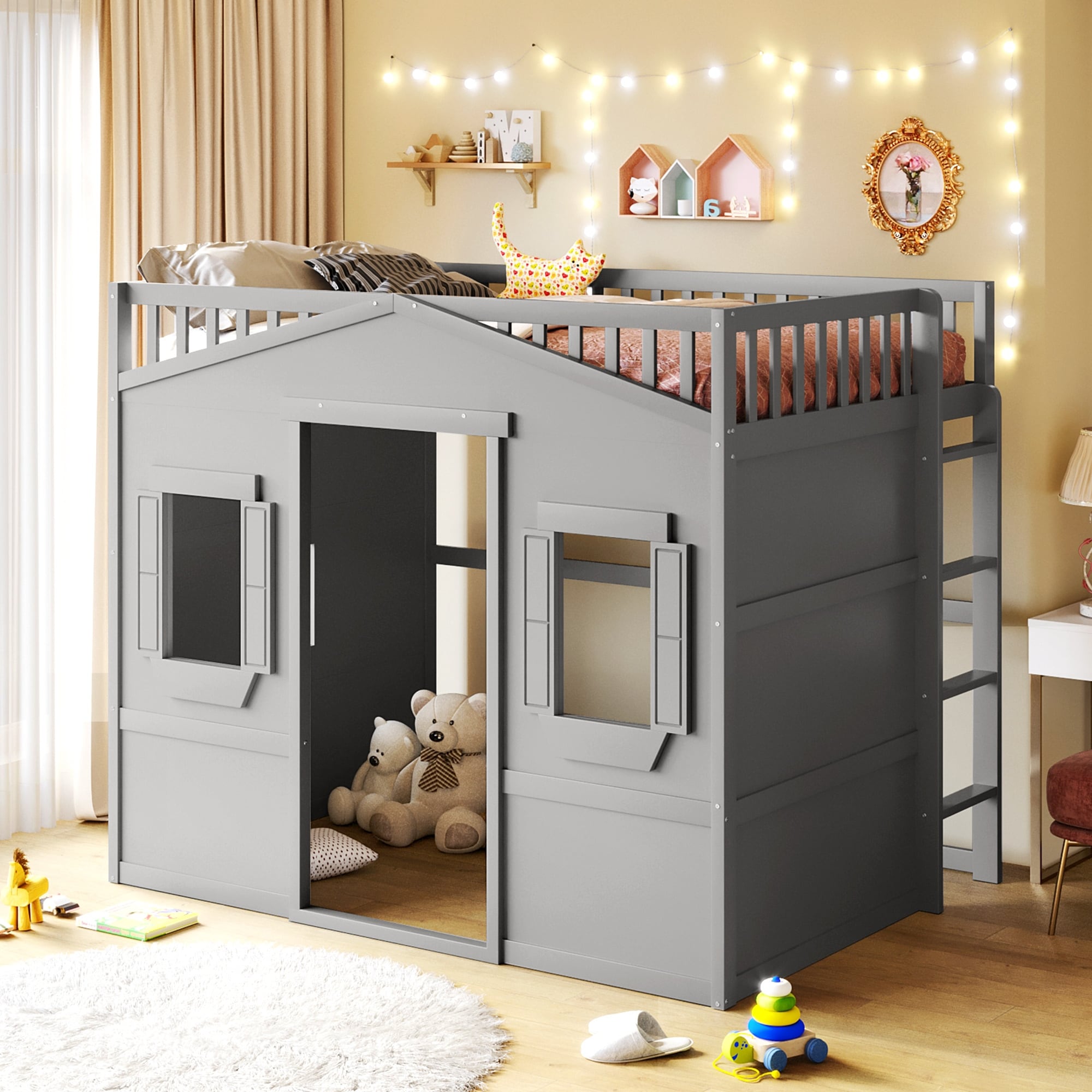 Full Size House Loft Bed Kids Playhouse Bed with Window Ladder