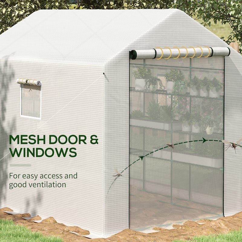 UV-Resistant Greenhouse Shed with Shelves & Mesh Door Garden Shed Plant Shed with Double-Layer Roll-Up Door - White