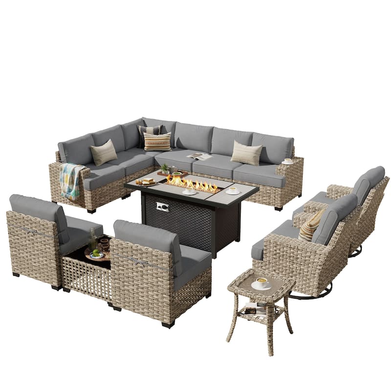 HOOOWOOO 13-piece Outdoor Wicker Furniture Swivel Chair Set with 54" Fire Pit Table