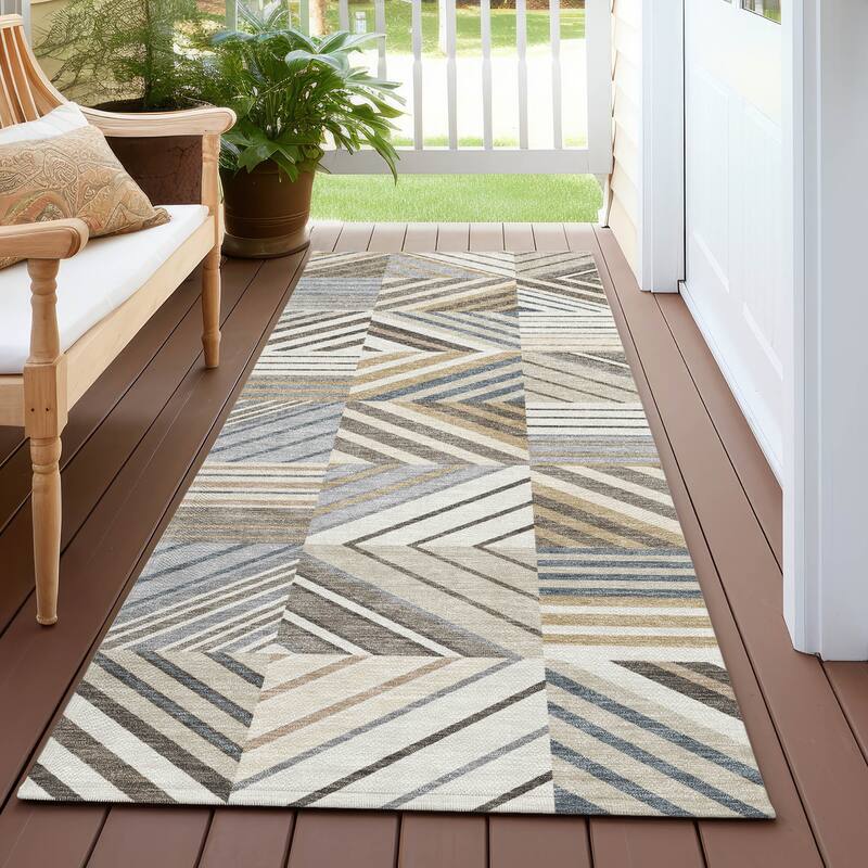 Machine Washable Indoor/ Outdoor Geo Mosaic Chantille Rug - Ivory - 2'3" x 7'6"
