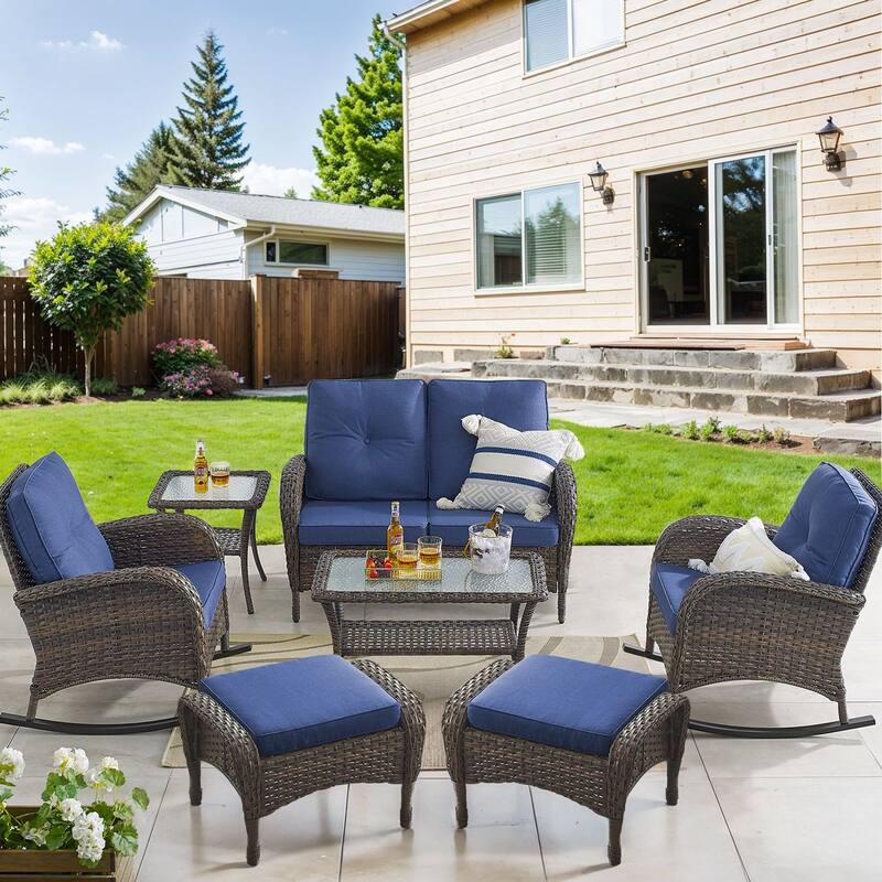 Outdoor Rocker Chair with Loveseat Ottomans - Blue - Brown - Brown - Blue