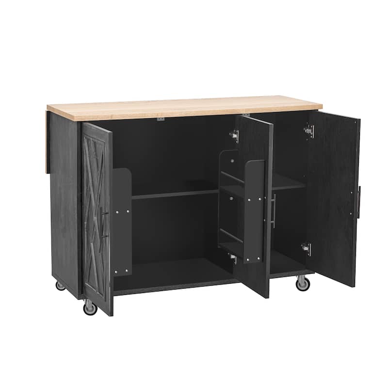 51.2" Wood Rolling Kitchen Island with Drop Leaf and Internal Rack