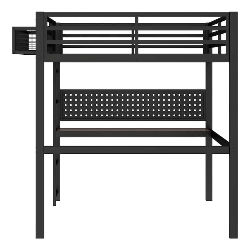 Metal Loft Bed with Desk & Storage Basket, Includes Alarm Clock & Charging Port, Queen/Full/Twin XL