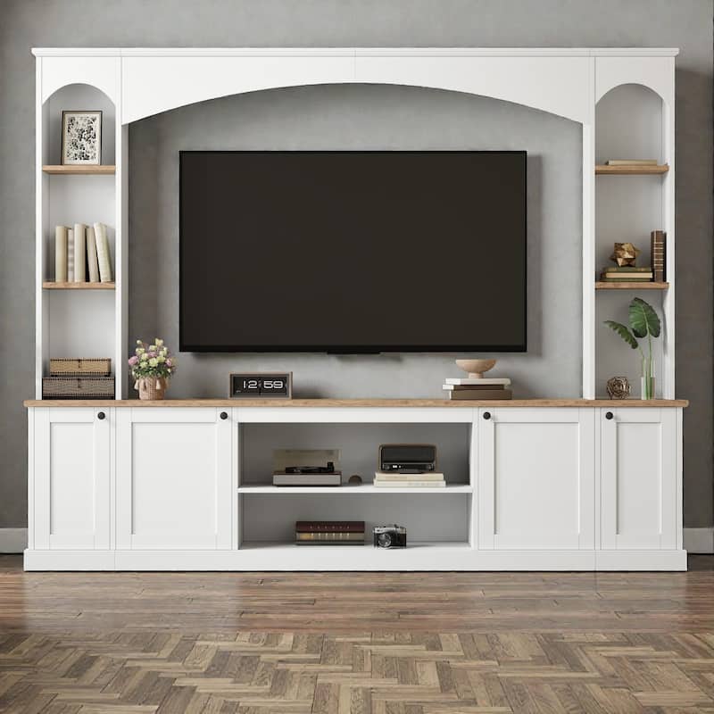 91" Farmhouse Entertainment Center with Arched Bookshelves, Large TV Stand for TVs up to 70", Media Console - White