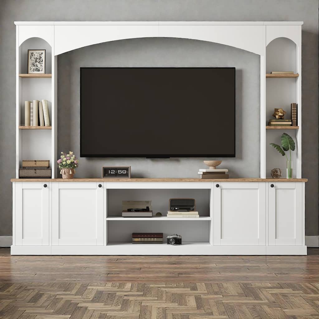 91" Farmhouse Entertainment Center with Arched Bookshelves, Large TV Stand for TVs up to 70", Media Console