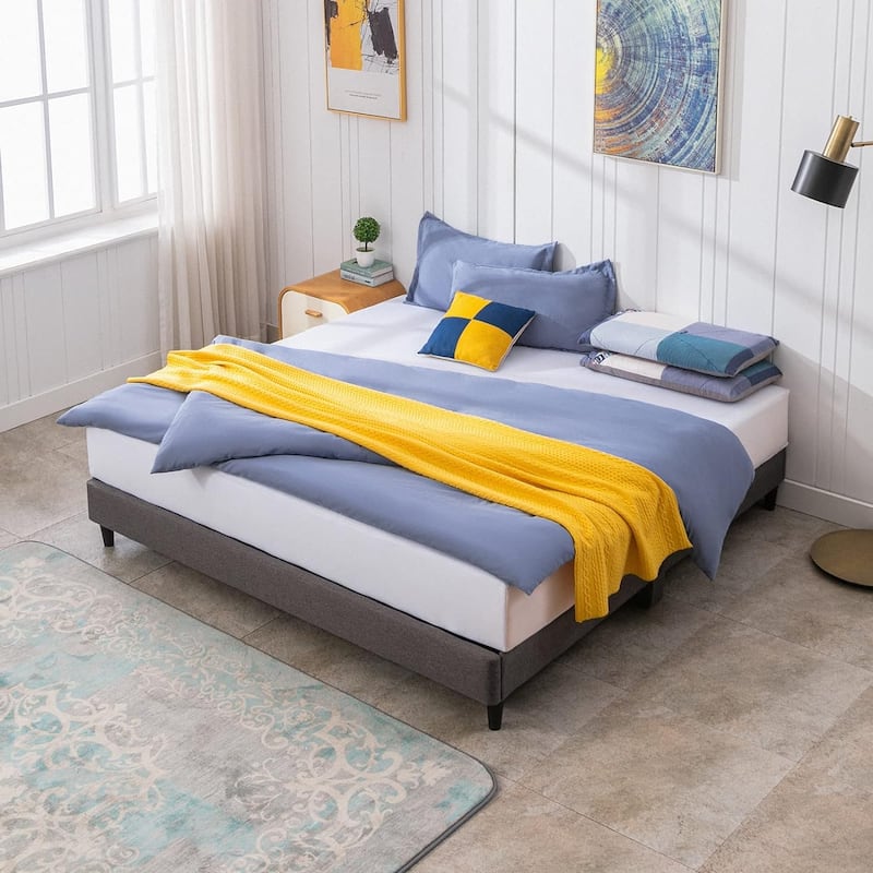 Mixoy Wooden Bed Frame,Linen Platform Bed Frame with Wood Slat Support - Grey - King