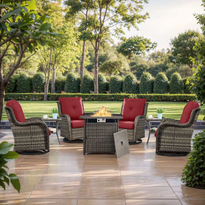 Pocassy Fire Pit Table with Sofa Swivel Chairs Set - Grey Wicker Red Cushion - 7 Pieces Swivel Chair with Fire Table