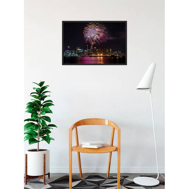 City of Boston MA Fireworks Over the Harbor Photography by Wayne Collamore Framed Poster - 18 x 24 Inch