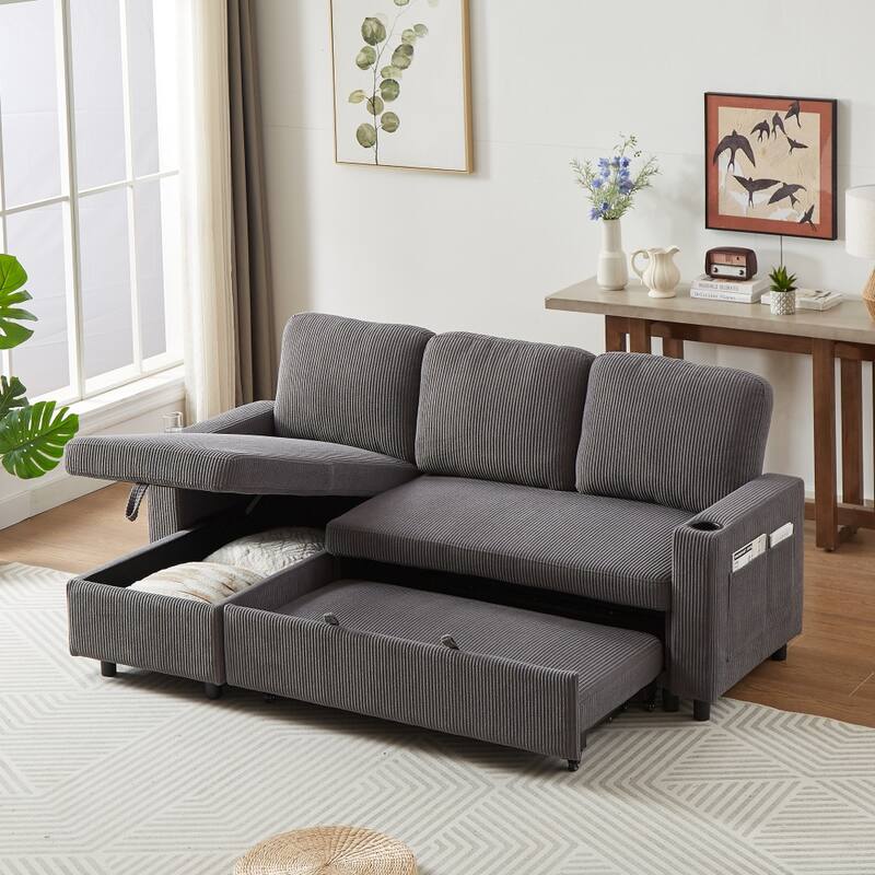 L-Shaped Comfortable Corduroy Combo Sofa with Pullout Bed and Storage