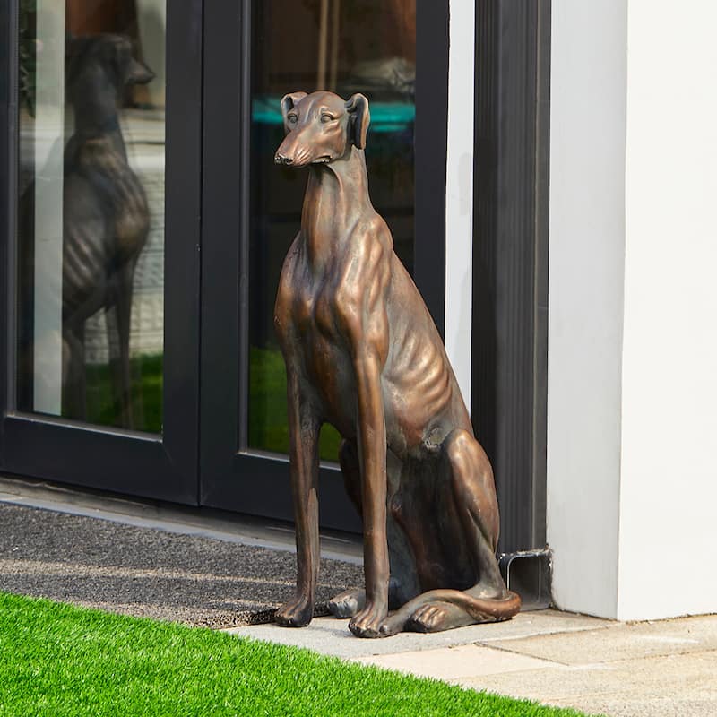 Glitzhome 30"H Morden MgO Bronze Sitting Guardian Greyhound Dog Garden Statue Porch Sculpture Indoor Outdoor