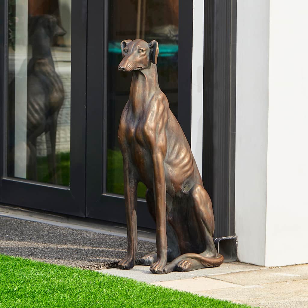 Glitzhome 30"H Morden MgO Bronze Sitting Guardian Greyhound Dog Garden Statue Porch Sculpture Indoor Outdoor
