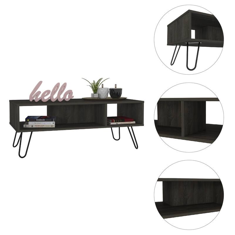 40 Inch Modern Coffee Table with Open Storage Espresso Wood Top and Metal Legs for Living Room - 15.7" H x 39.8" W x 17.7" D