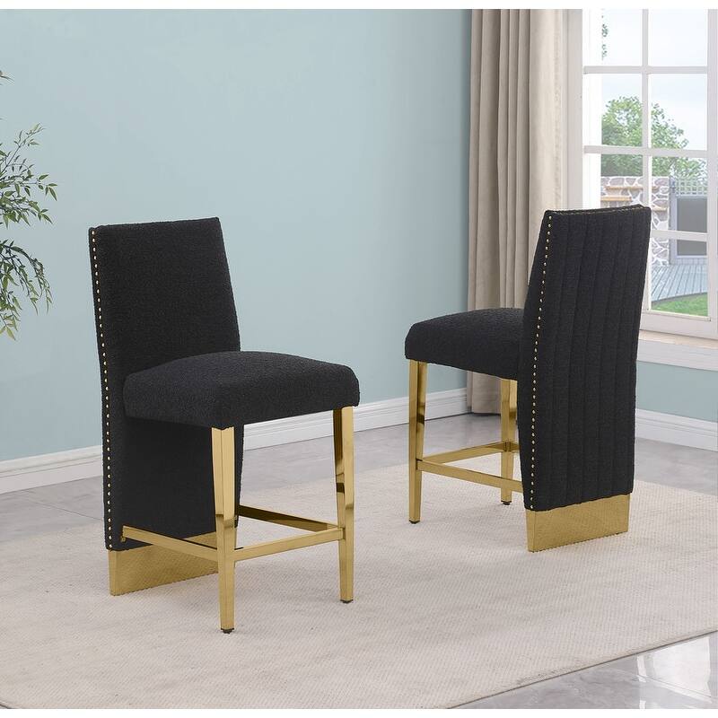 Best Quality Furniture Pleated Gold Chrome Nailhead Trim Barstool Chair - N/A - Black-Chairs