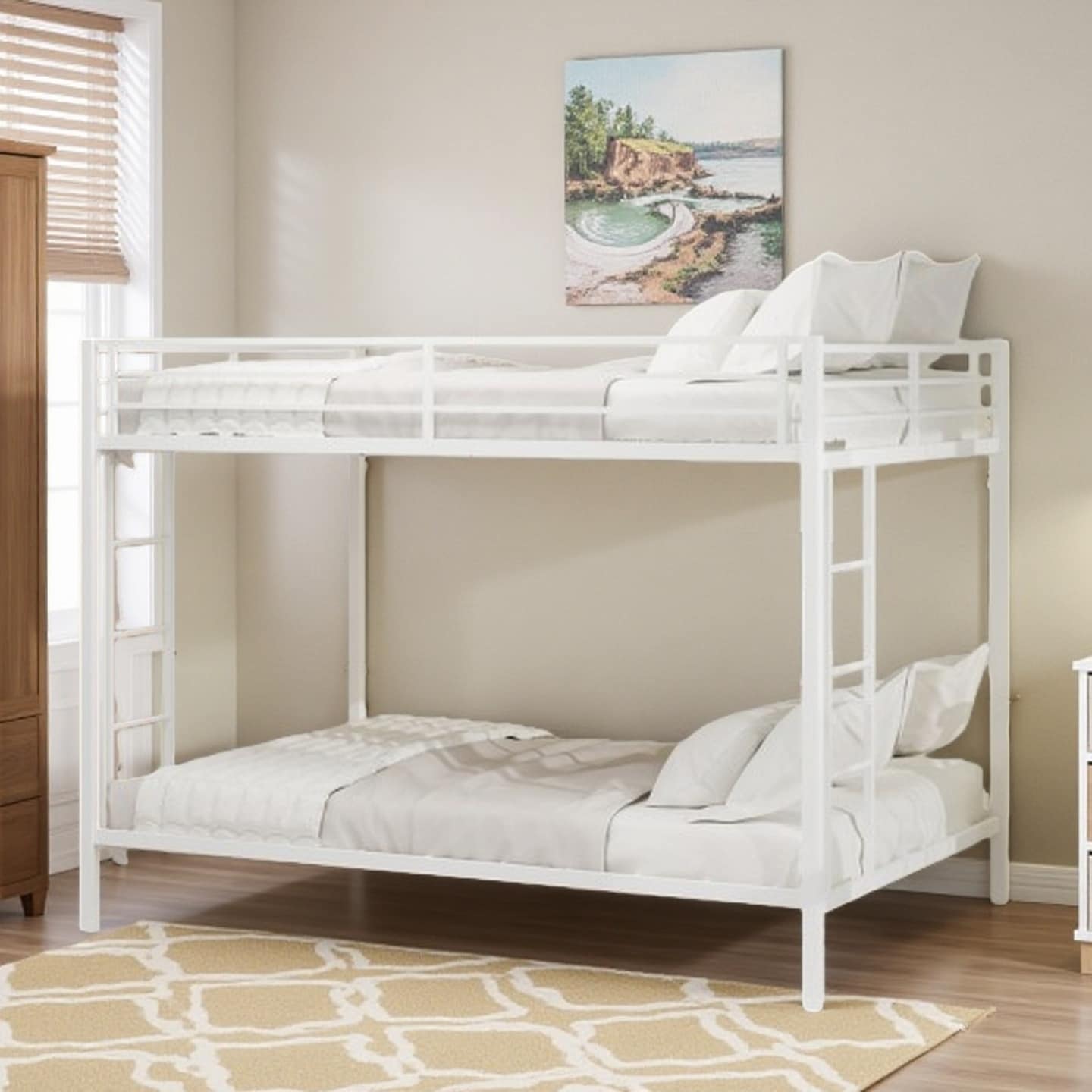 Queen Size Metal Bunk Bed with Sturdy Square Tube Frame, Dual Sleeping Areas with Ladders, Space-Saving Design