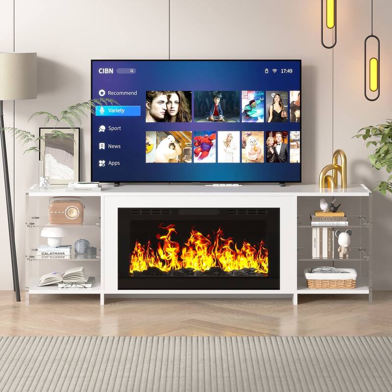 VECELO 70" Rustic TV Stand without/with Fireplace Heater(2 Options),Media Entertainment Center Table with Storage Shelves - With Fireplace - White