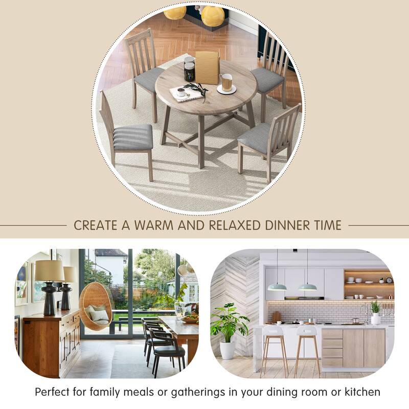 Natural Wood Wash Farmhouse 5-Piece Wooden Dining Table Set with Round Extendable Table & 4 Chairs