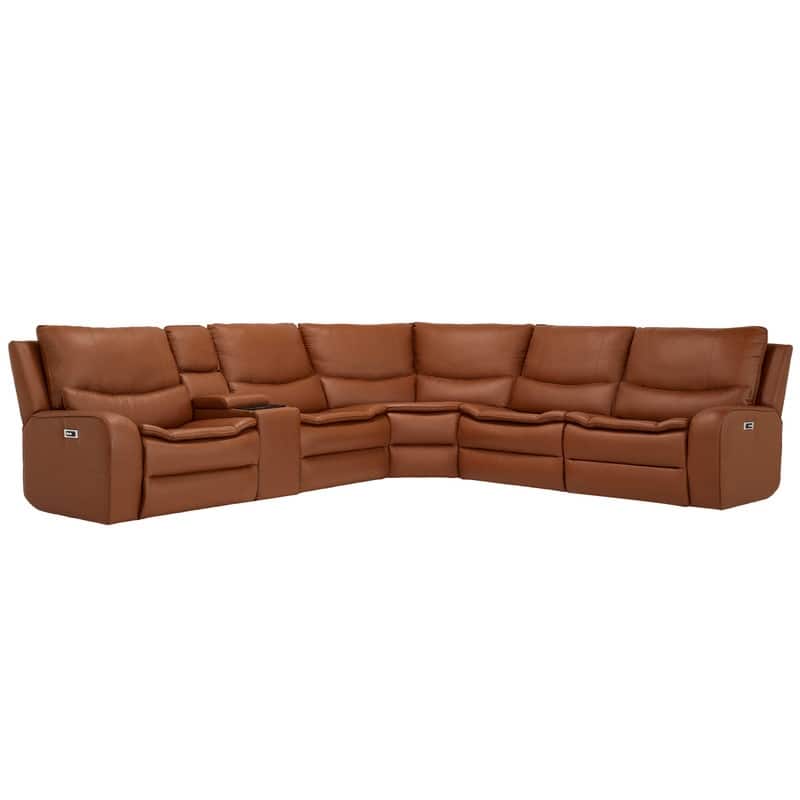 6PCS, 2 Power Recliners, Faux Leather Sectional with Adjustable Headrests, Dodble Width Seat, Wireless Charging and Reading Lamp - Dark Brown