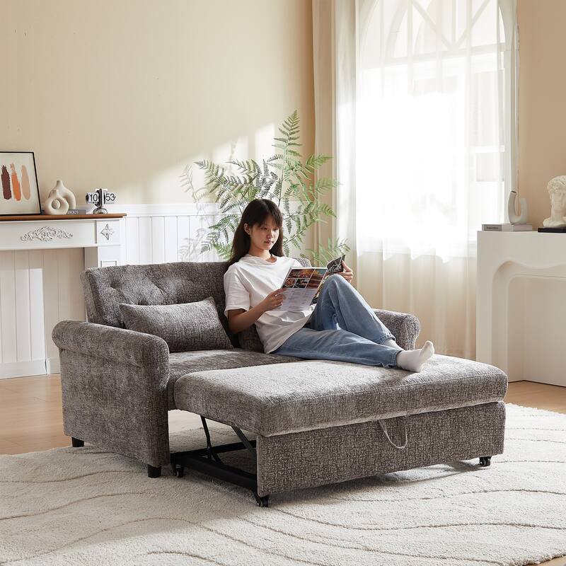 3 in1 Loveseat Convertible Pull-out Sleeper Sofa Bed Adjustable Backrest Tufted Couch with 2 Pillows for Living Room