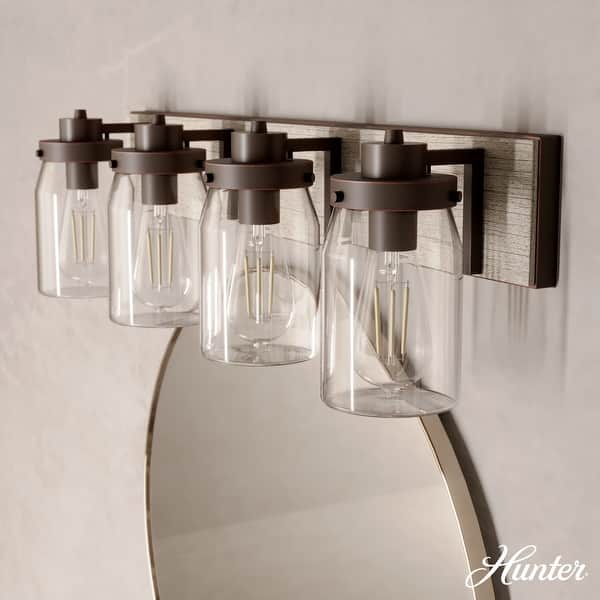 slide 2 of 12, Hunter Devon Park Bathroom Vanity Wall Light, Damp Rated, Rustic, Farmhouse 4-Light - Onyx Bengal and Barnwood