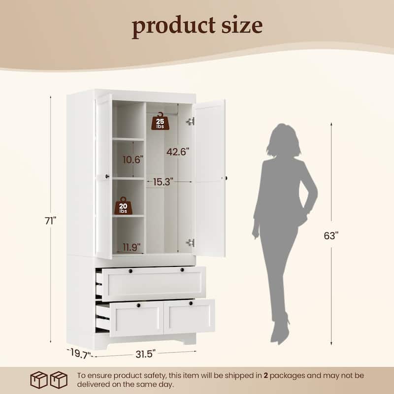 Pocassy 71" H Wardrobe Closet with Drawers with Doors and Storage