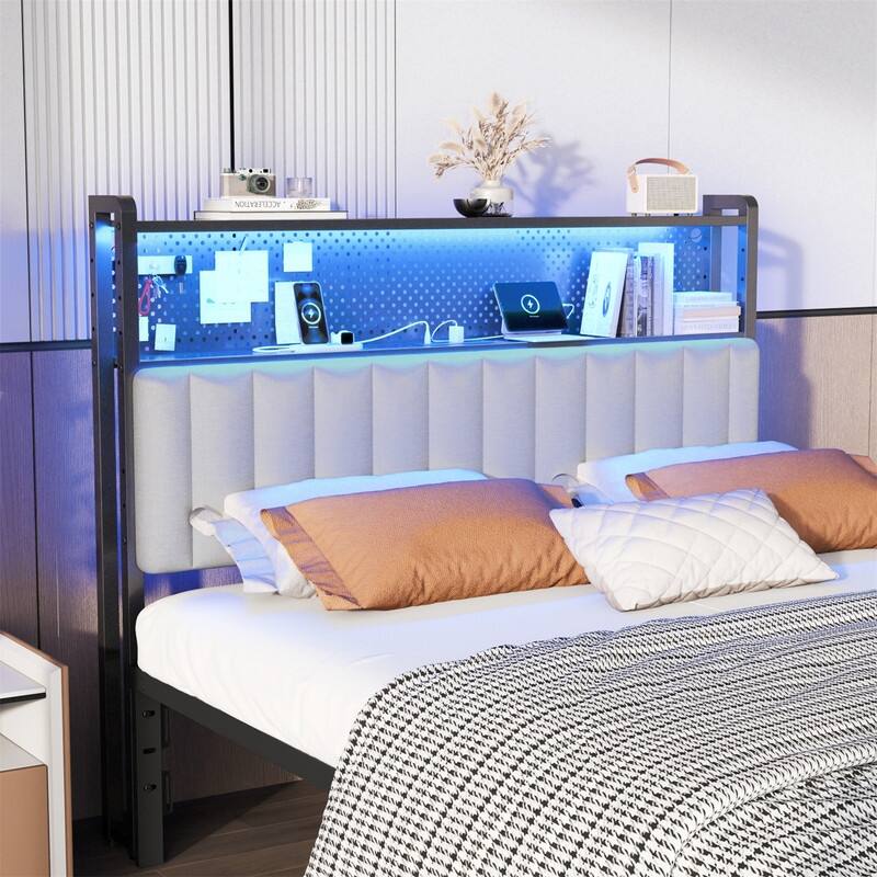 Adjustable Upholstered Headboard with 2 Tier Shelves with Charging Stations and LED Lights, Modern Bed Headboard with Storage - Linen and dark gray - Full