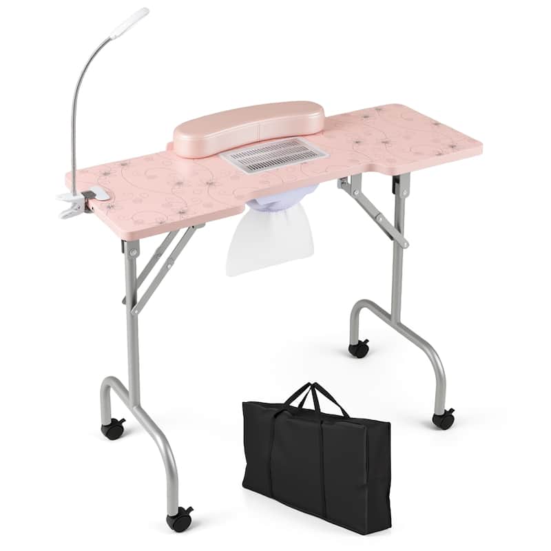 Costway Folding Manicure Nail Table with Electric Dust Collector LED - See Details - Pink