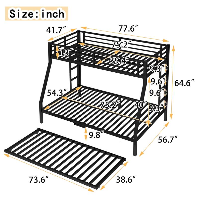 Metal Bunk Bed with Twin Size Trundle – Black Finish, Space-saving Design for Kids/Teens, Sturdy Frame, Easy Assembly