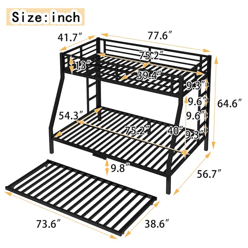 Twin over Full/Queen over Queen/Twin XL over Queen Metal Bunk Bed with Trundle, Black - Sturdy & Noise-Free