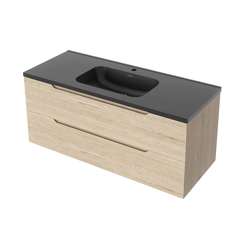 Floating Bathroom Vanity in Evita Oak with Integrated Quartz Sand Top
