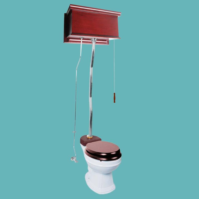 High Tank Toilet - Cherry Wooden Flat High Tank, Round Bowl and Chrome Plated Z Pipe Renovators Supply