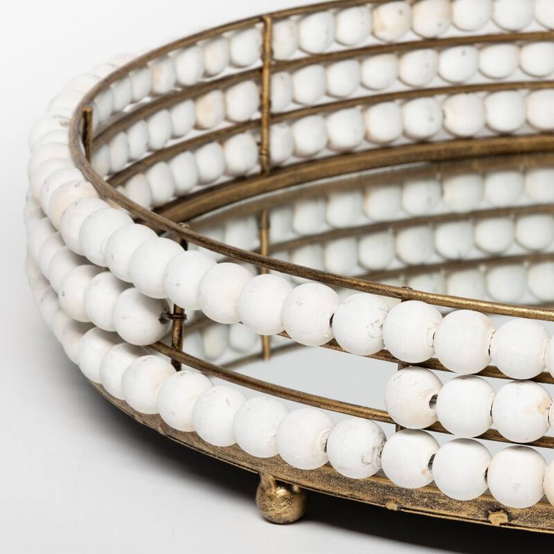HomeRoots 22" Antiqued Gold And White Metal Wood And Mirrored Glass Round Vanity Tray