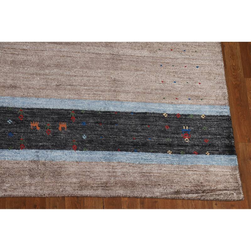Hand Knotted Oriental Viscose Silk Carpet Tribal Stripe Greys & Charcoal Gabbeh Area Rug - 9' 7'' X 8' 5''