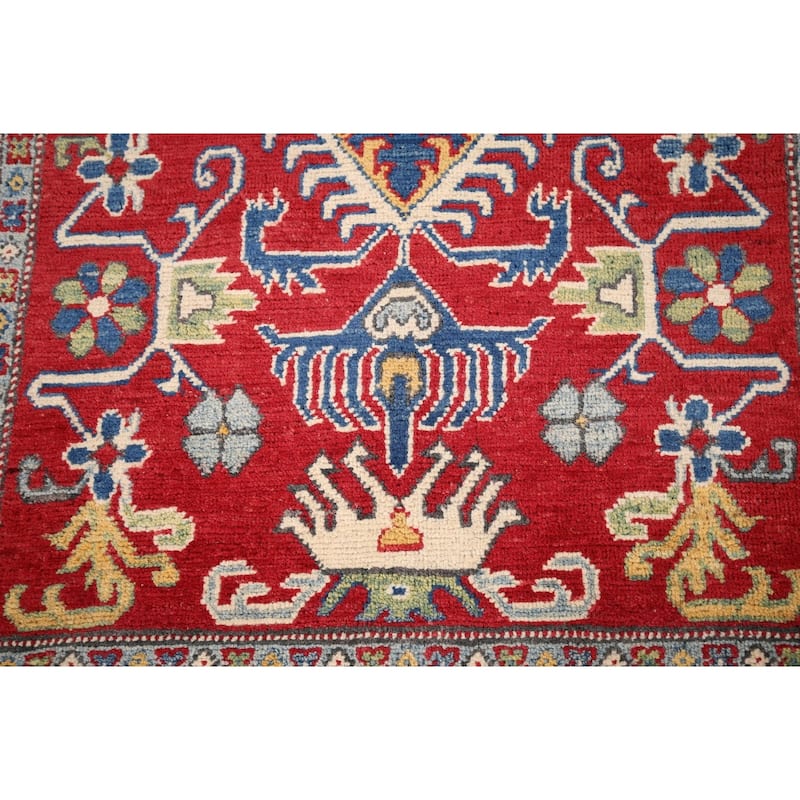 Red Geometric Kazak Oriental Foyer Rug Handmade Wool Carpet - 3'3" x 5'1"