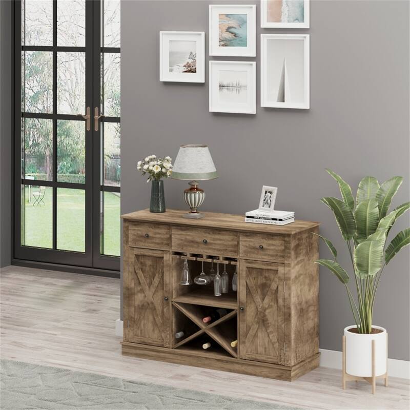 Rustic Oak Grain Sideboard with Drawers and Cabinets Wine Glass Storage MDF Furniture for Kitchen Dining Room Living Room