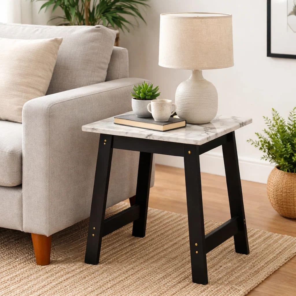 Oz 19 Inch Modern End Table with Faux Marble Finished Tabletop, Black