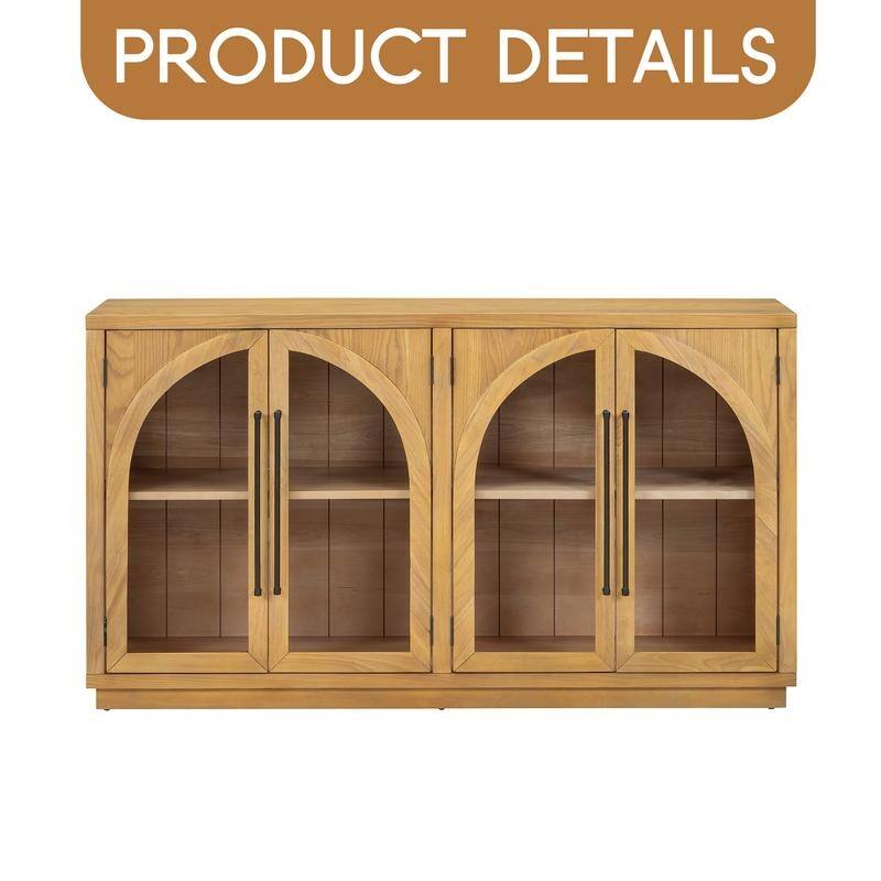 4-Door Large Storage Sideboard Buffet Cabinet with Glass Doors, Arched Cabinet with Adjustable Shelves for Kitchen