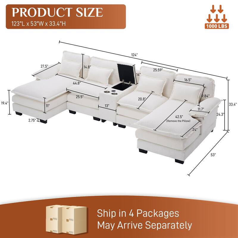 U-shaped Sectional Sofa Chenille Fabric Doudle Layer Cushion with USB Central Console