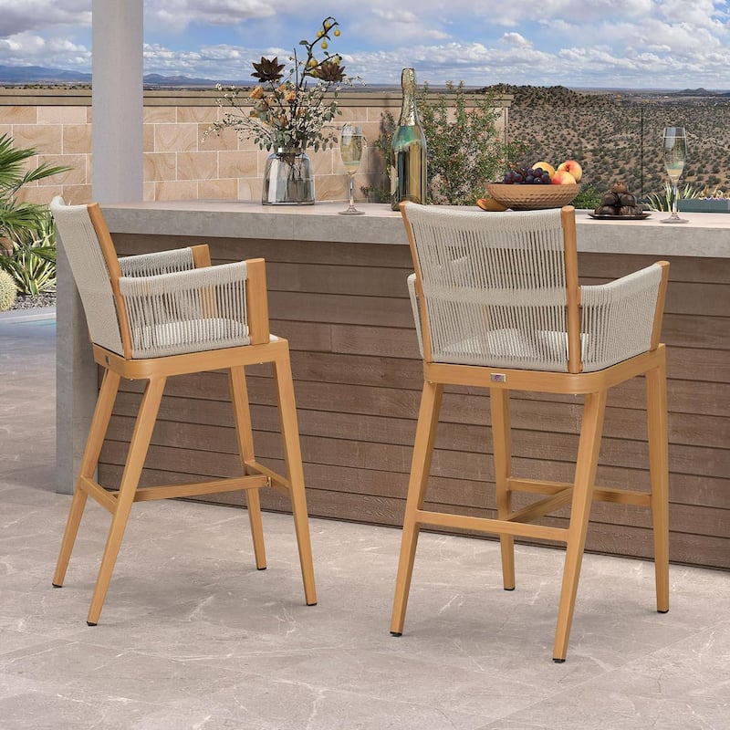 PURPLE LEAF Outdoor Bar Stools Chair Set of 2, All Weather Rattan and Aluminum Patio Bar Stool with Cushion - Brown-Height stool