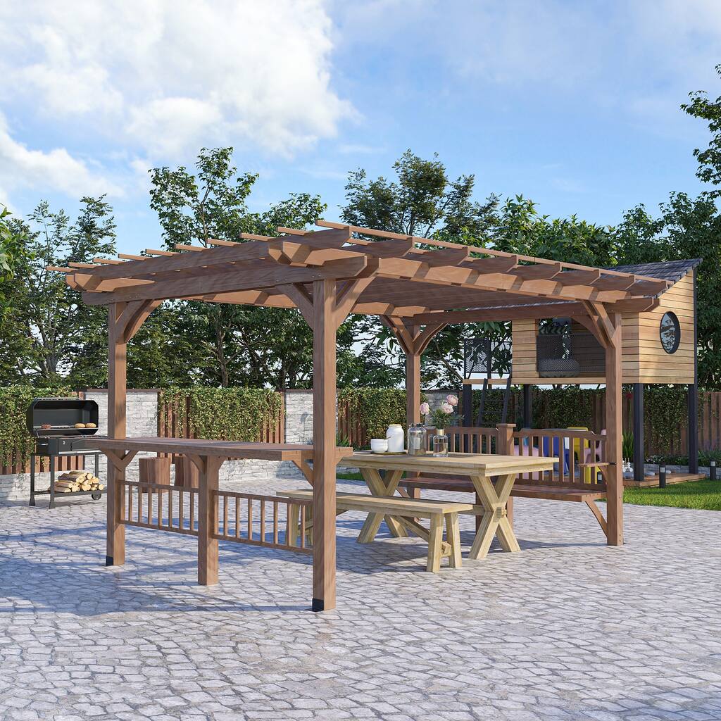 Outsunny 14' x 10' Outdoor Pergola, Wooden Gazebo Grill Canopy with Bar Counters and Seating Benches