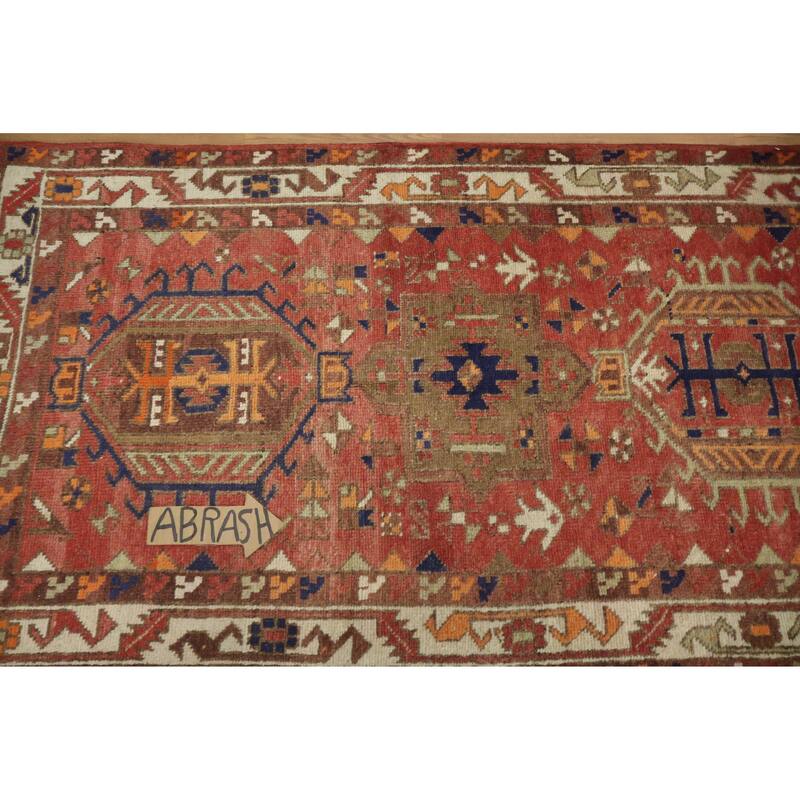 Hand Knotted Oriental 100% Wool Carpet Traditional Tribal Oranges & Rust Heriz Runner Rug - 12' 5'' X 3' 4''