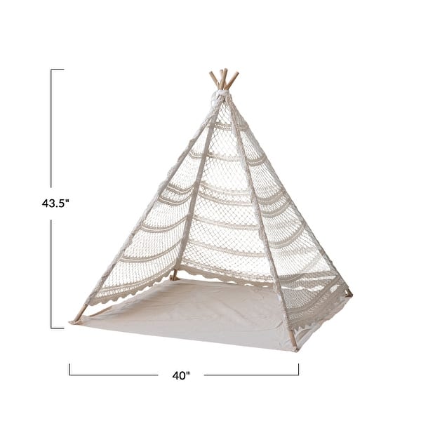 Reclaimed Cotton Crocheted and Teakwood Teepee with Mat - 40.0"L x 40.0"W x 43.5"H